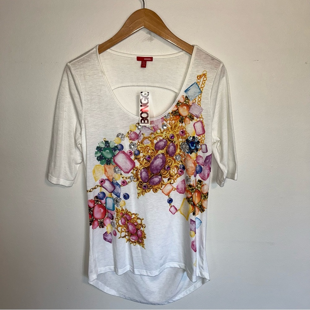 Bongo VTG Deadstock Kmart Womens White Graphic Top L Large Jewel Jewelry Print